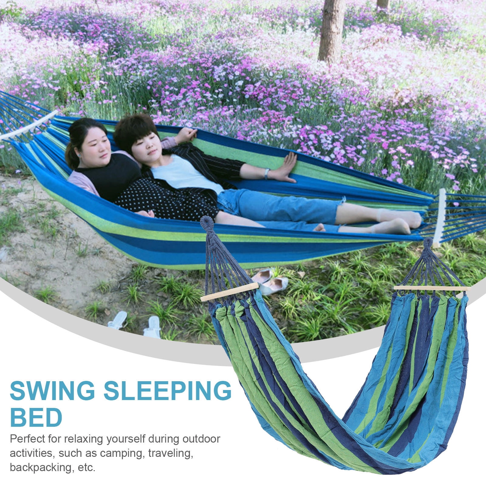 LULULION Outdoor Big Hammock Curved Portable Bamboo Blue for Friends and Family Camping 1Pcs