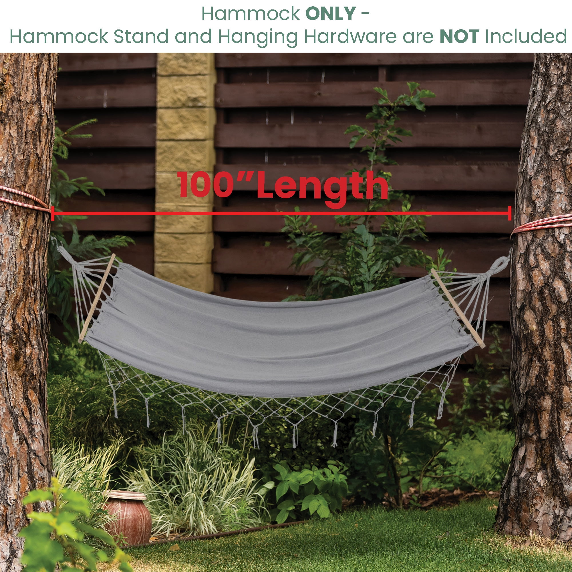 Northlight Hammock with Netted Fringe and Wooden Bars - 100" x 41" - Gray