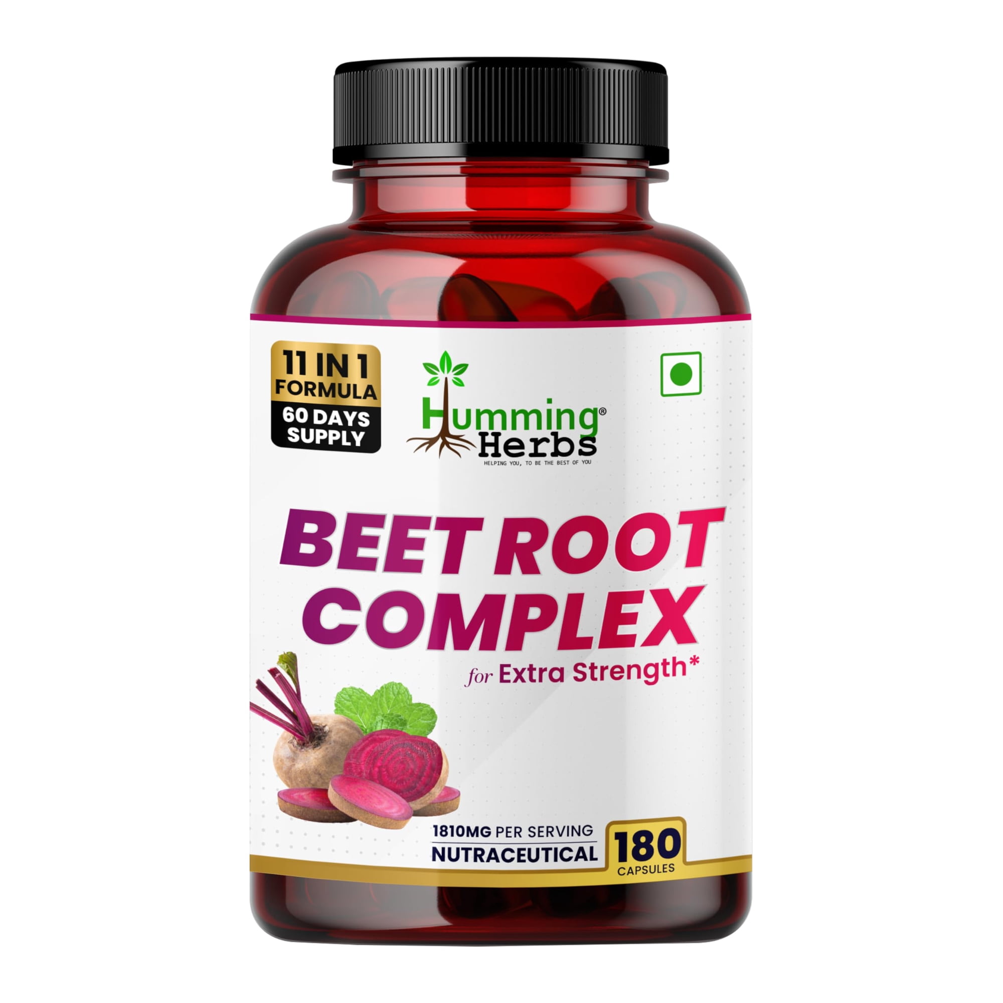 Humming Herbs Beet Root Supplement Complex with L-Citrulline Malate, Ashwagandha, NAC, CoQ10 1810mg Per Serving | 180 Capsules | Dietary Supplement