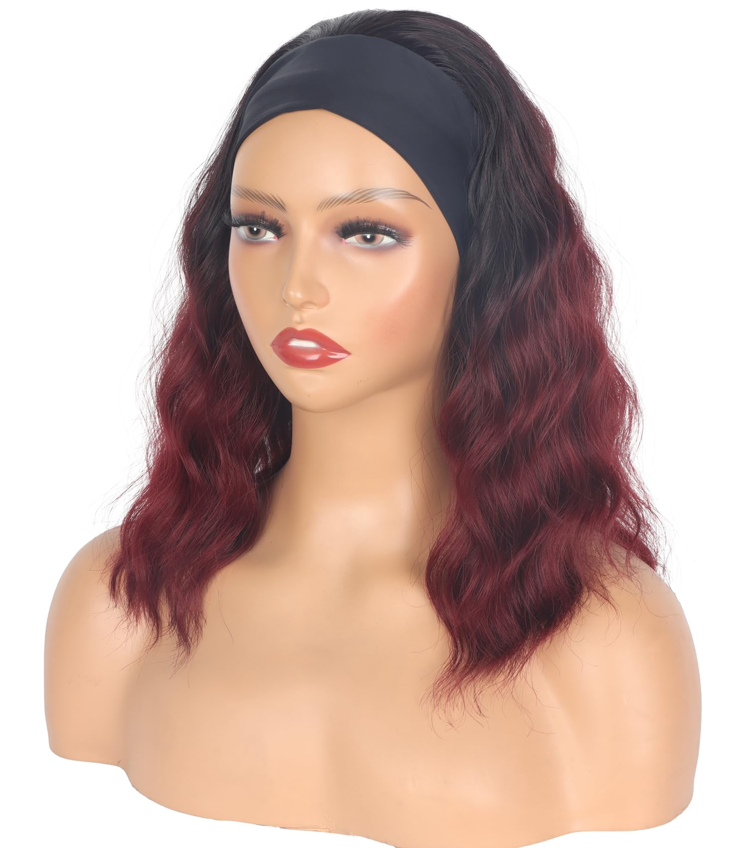 Black Headband Wigs With Brown Highlights For Women 14 Inch Wavy Heat Resistant Synthetic Soft Light Natural Looking Hair Replacement Wigs