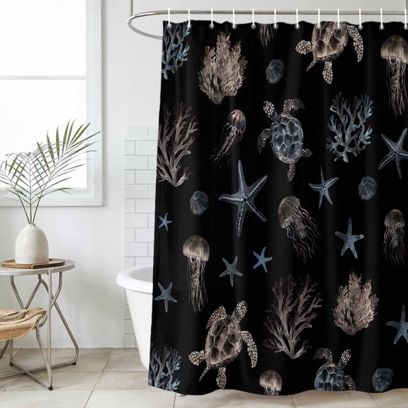 Black Coastal Waterproof Fabric Shower Curtain,Nautical Summer Beach Sea Turtle Starfish Waterproof Fabric Shower Curtain for Bathroom Curtains Bathtubs Shower Curtains with 12 Hooks Standard 60x72