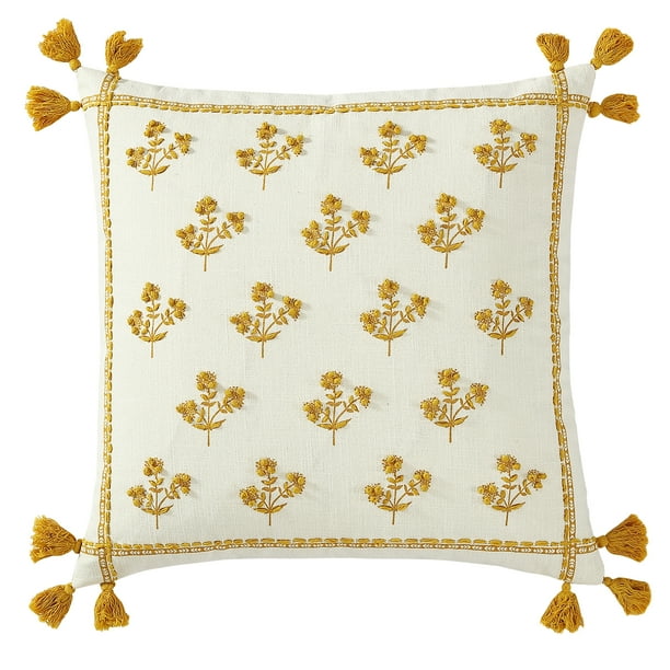 Better Homes & Gardens, Yellow Block Print Floral Throw Pillow, Yellow