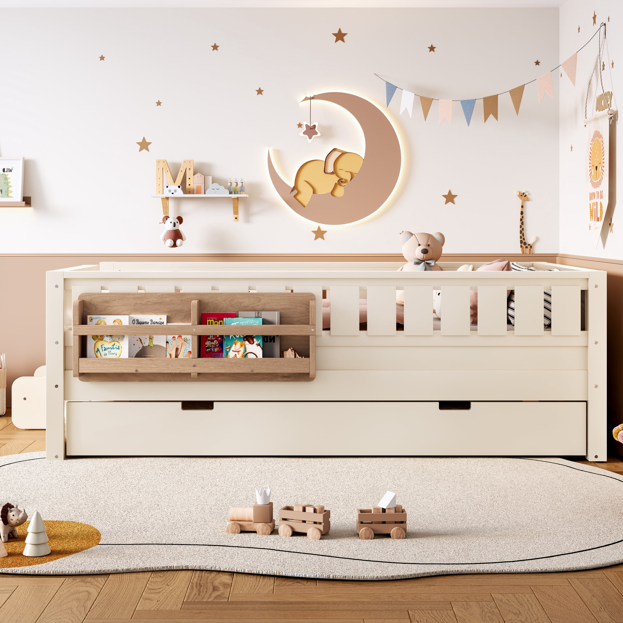 Twin Bed with Bookshelf and Trundle 79.1 Inch, Solid Wood Frame with Staircase and Safety Rails, Space-Saving Kids Bed with Storage, Beige