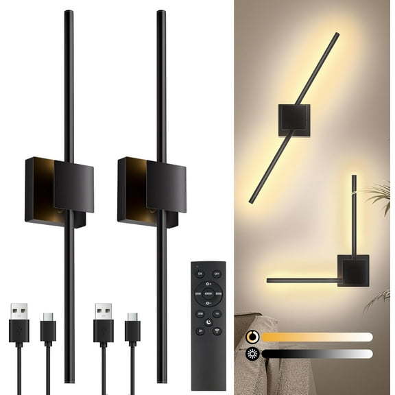 Battery Operated Wall Sconces with Remote Control, Dimmable Wall Sconces Set of Two with DIY Independently Rotatable Lamppost, 3000K-6000K LED Wall Lights for Living Room, Bedroom