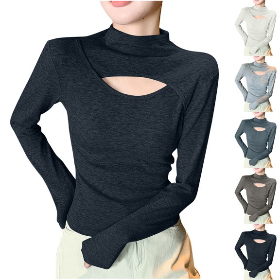 Women's Long Sleeve Round Neck Hollow Out Solid Color Casual Blouse Tunic Top Soft Lightweight Work Office Outfits | CSEONE,Black L