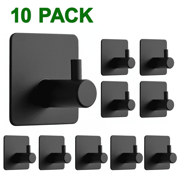 Merryhome Adhesive Hooks & 10 Pcs - Heavy Duty Stick On Wall, No Drill Stainless Steel Towel Hooks for Bathroom Wall, Kitchen, Glass, Mirror, Tile