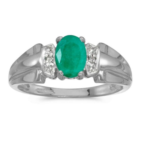 14k White Gold Oval Emerald And Diamond Ring