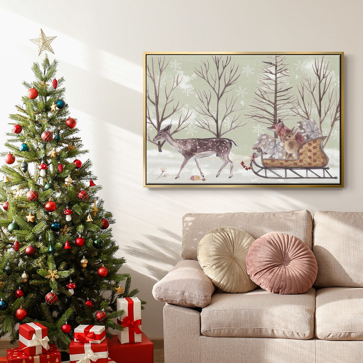 Christmas Time II - Framed Gallery Wrapped Holiday Canvas - 17 x 25 - Gold Frame