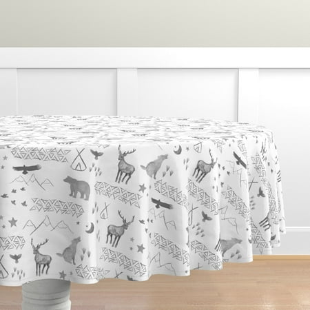 

Cotton Sateen Tablecloth 90 Round - Watercolor Woodland Leaves Deer Antlers Tribal Triangles Nature Black Print Custom Table Linens by Spoonflower