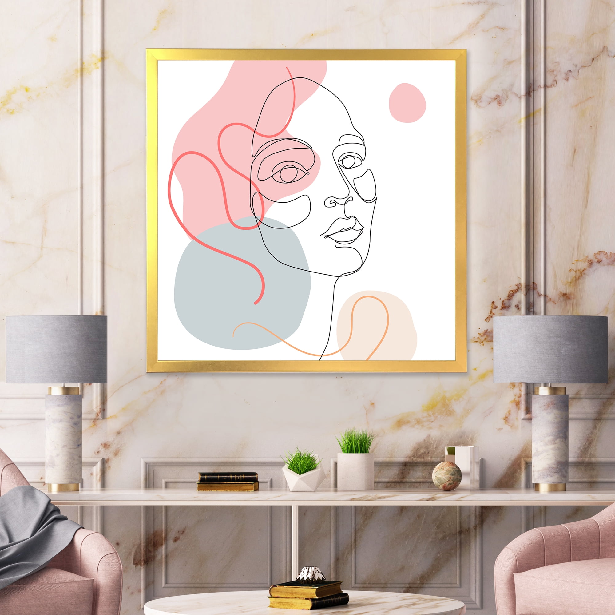 Designart 'One Line Drawing of Young Girl In Pastel Tones' Modern Framed Art Print