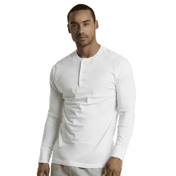 Men's Cotton Crew Neck Long Sleeve Henley Shirt / T Shirts, White L