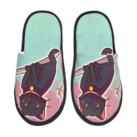 

Qekee Cats On Broomstick Print Furry Slippers for Women and Men House Slipper Funny Bedroom Slippers Indoor -Large