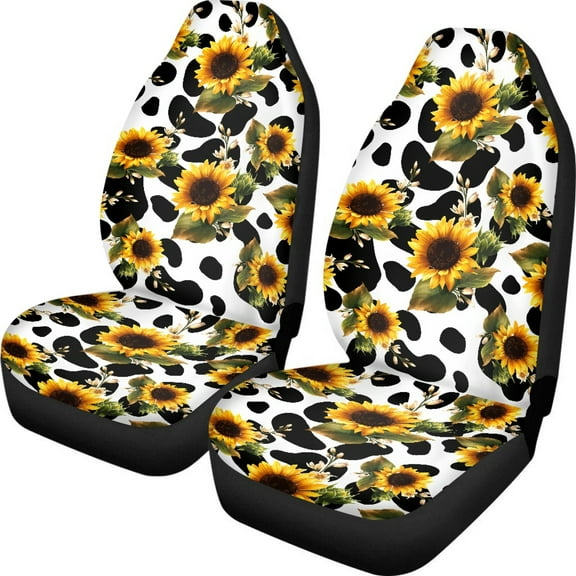 ZIATUBLE Sunflower Cow Print Car Seat Dust Cover Soft Cars Front Seat Protectors Cover 2 Piece Bucket High Back Car Front Seat Covers Universal for Cars SUV Trucks Auto Interior Accessories