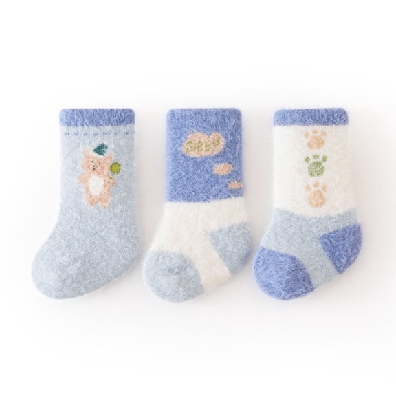 CUZIBR 3 Pairs Fuzzy Warm Baby Mid Calf Socks Cute Cute Cartoon Print Sleep Letter Socks Soft Plush Thermal Toddler Winter Crew Socks,6-12 Months