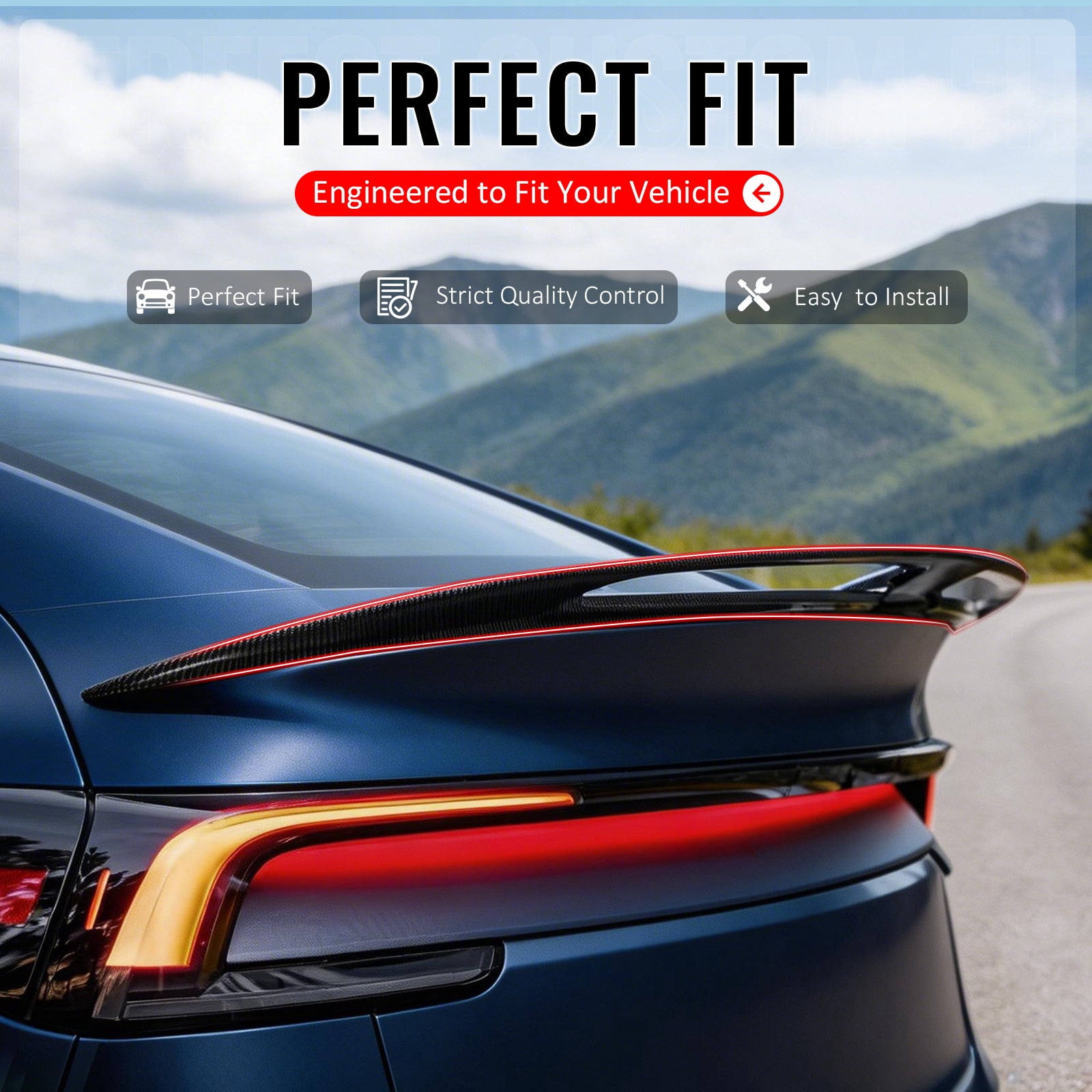 Ikon Motorsports Trunk Spoiler, Compatible with 2025-2026 Tesla Model Y, IKON V2 Style Carbon Fiber Print ABS Plastic Rear Trunk Lid Spoiler Wing Lip