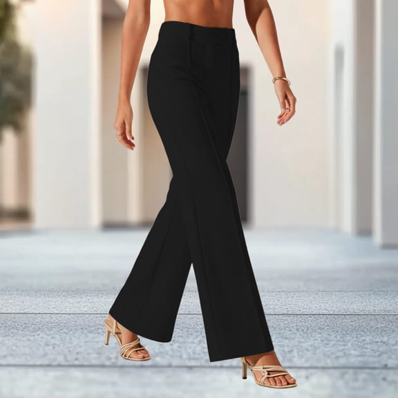 Womens Pants Elastic Waist Work Office Solid Color Straight Leg Casual Pants Black L