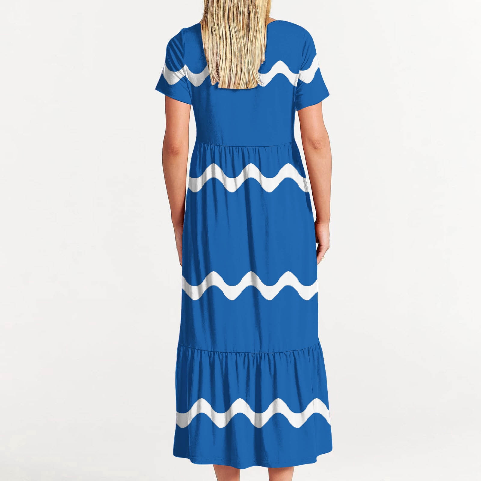 Womens Short Sleeve Mid Long Dress with Pockets Fashion Wave Striped Print Pleated Casual Tiered Maxi T-shirt Dress (X-Large, Blue)
