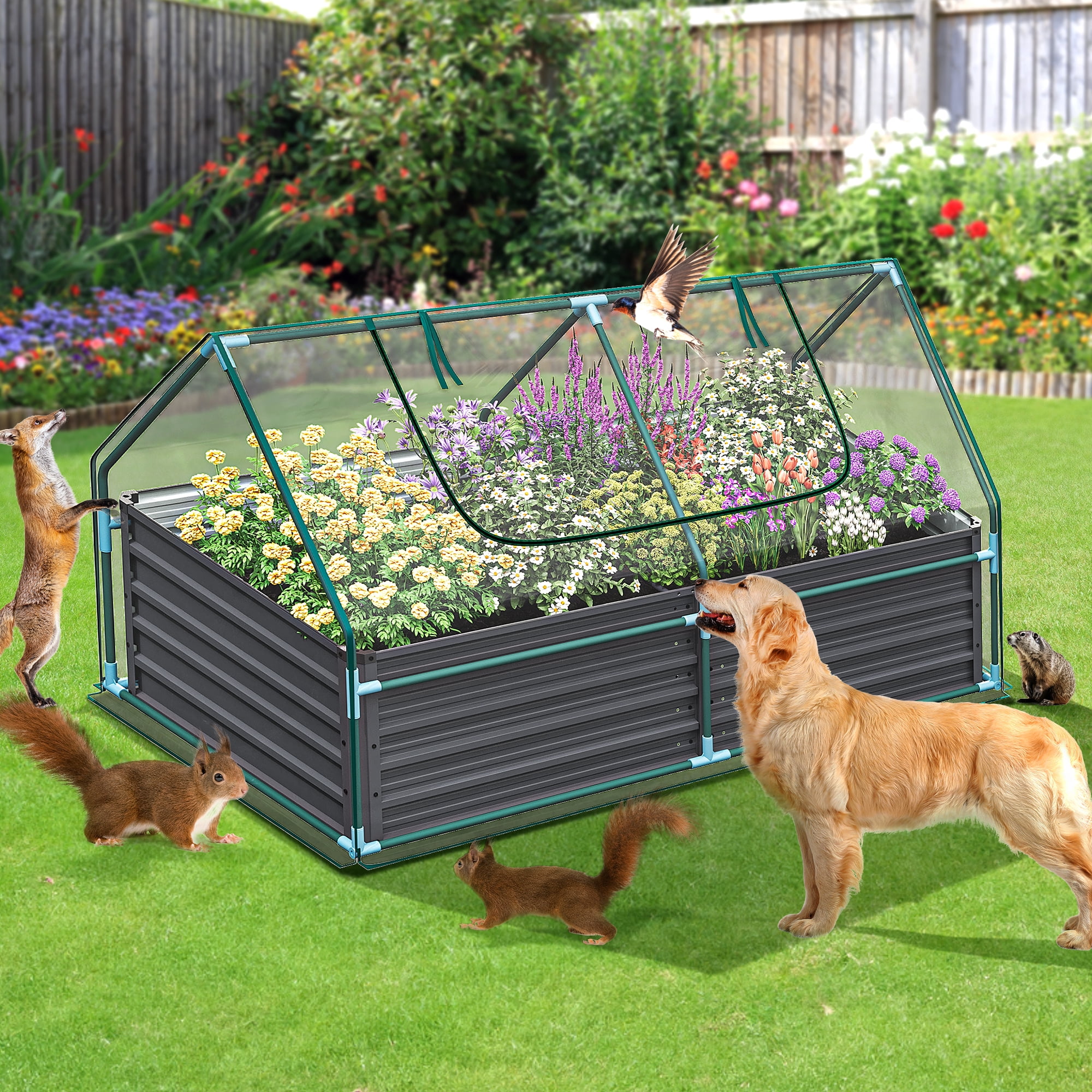 Dextrus 7.5x4x4FT Raised Garden Bed with Cover Extra Large Metal Planter Box Outdoor Flower Bed with Mini Greenhouse 2 Zipper Screen Windows for Outdoor Growing Vegetable,Ttransparent