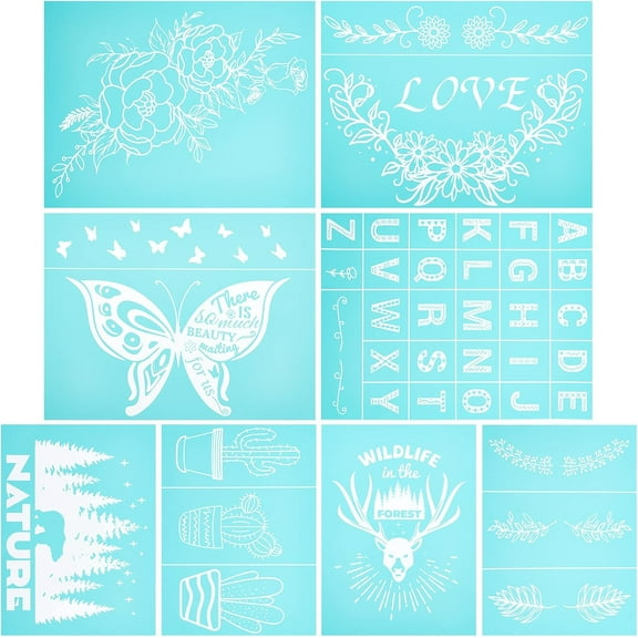 1set 8pcs Self-Adhesive Silk Screen Printing Stencil Animal Plant Alphabet Theme Reusable Pattern Stencils for Painting on Wood Fabric T-Shirt Wall and Home Decorations-11x 8.5Inch Blue DIY
