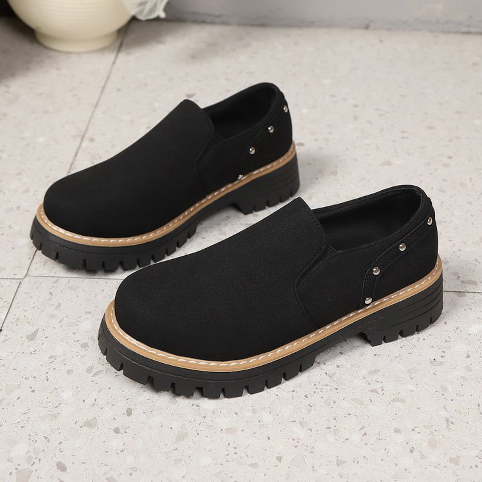 Fashion Studded Suede Loafers for Women Comfortable Wide Toe Box Non Slip Dress Shoes Lightweight Slip On Casual Shoes Black Size 8