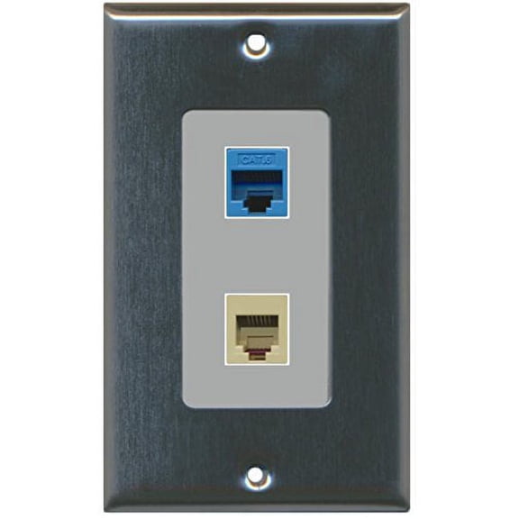 RiteAV - 1 Port Phone Beige 1 Port Cat6 Ethernet Blue Decorative Wall Plate - Stainless/Gray