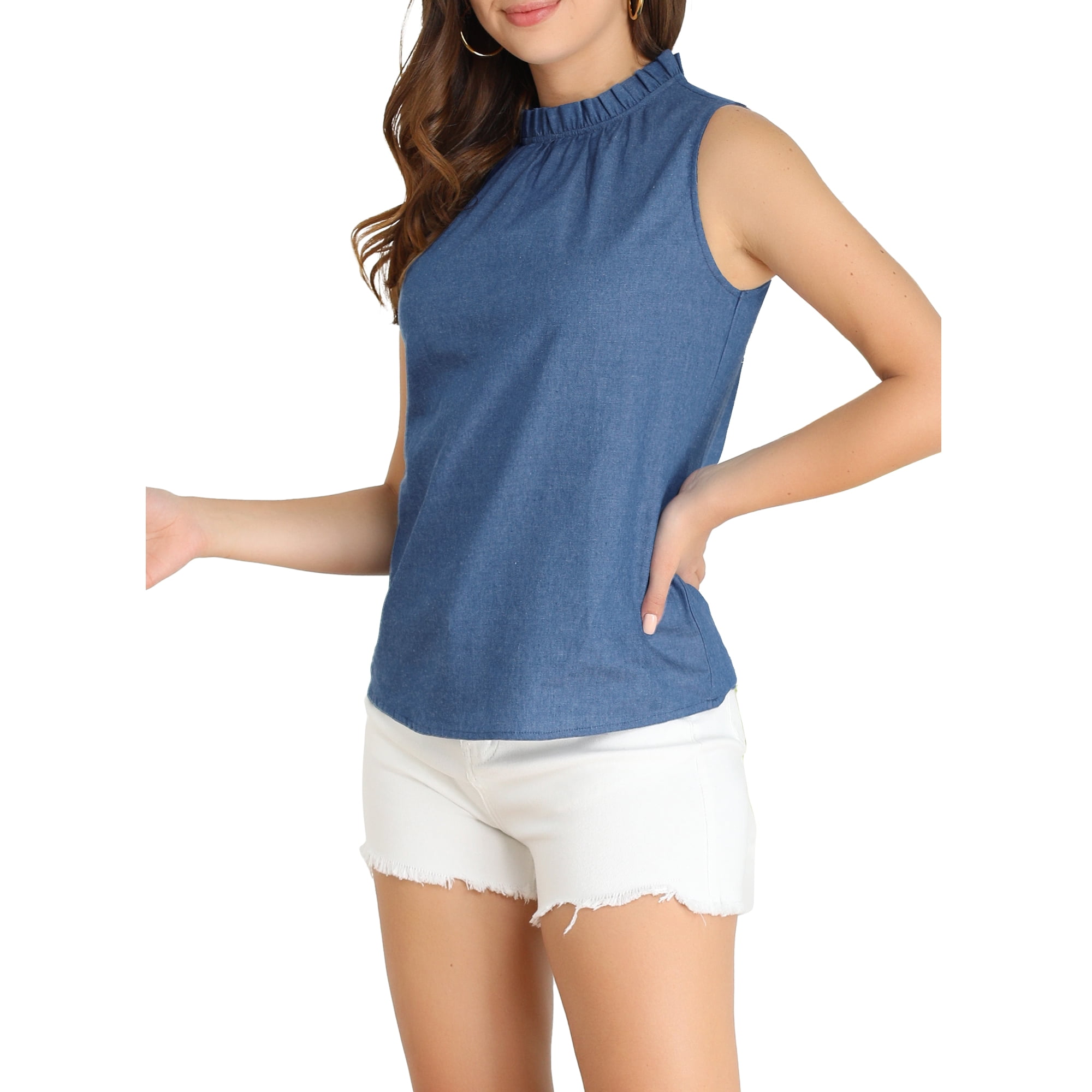 Unique Bargains Junior s Frill Trim Mock Neck Ruffle Sleeveless Casual Summer Blouse Walmart