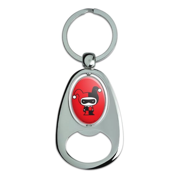 Harley Quinn Cute Chibi Character Keychain Chrome Metal Spinning Oval Bottle Opener