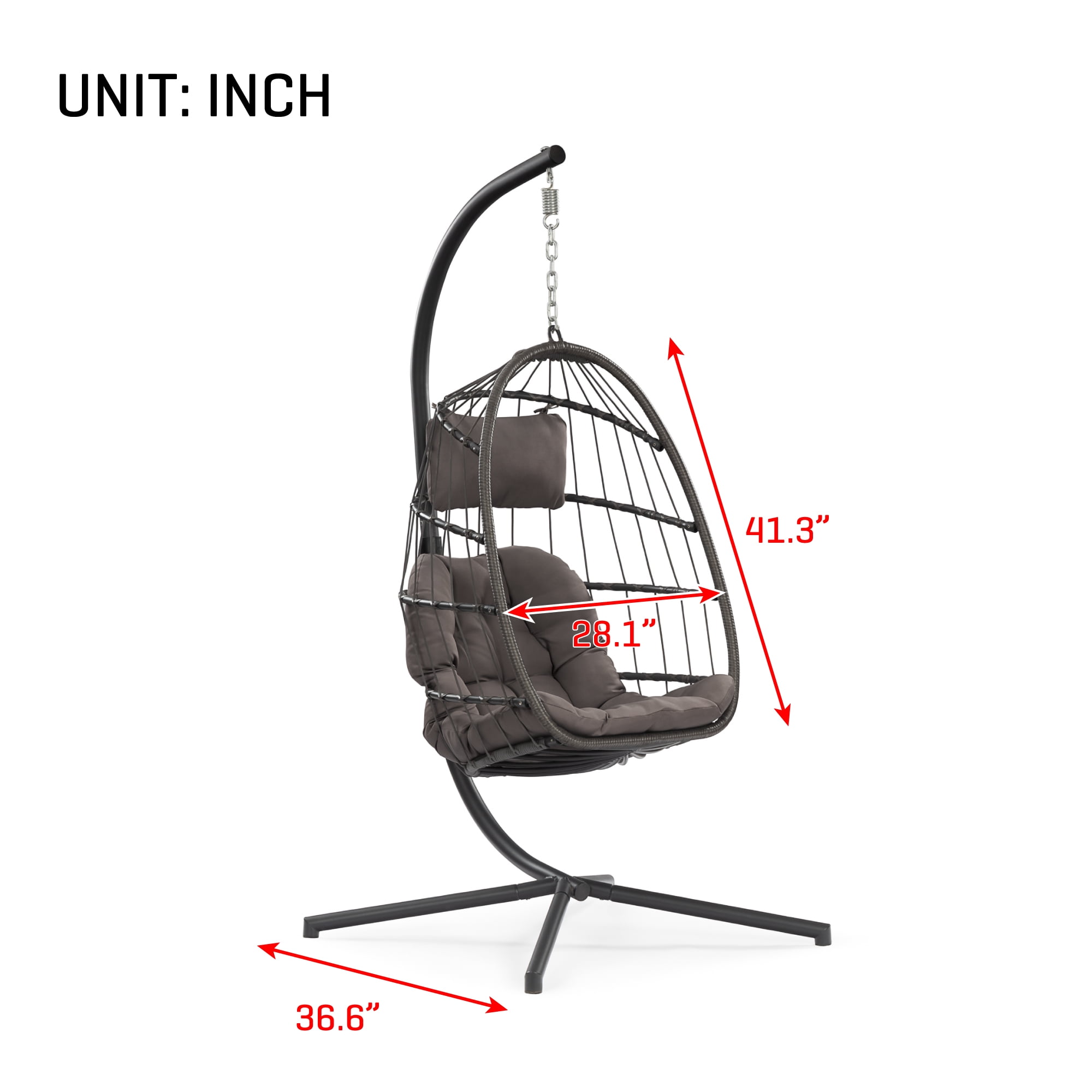 Egg Chair with Stand, Foldable Wicker Hanging Swing Chair with Cushion for Patio Bedroom Balcony Garden, Dark Gray