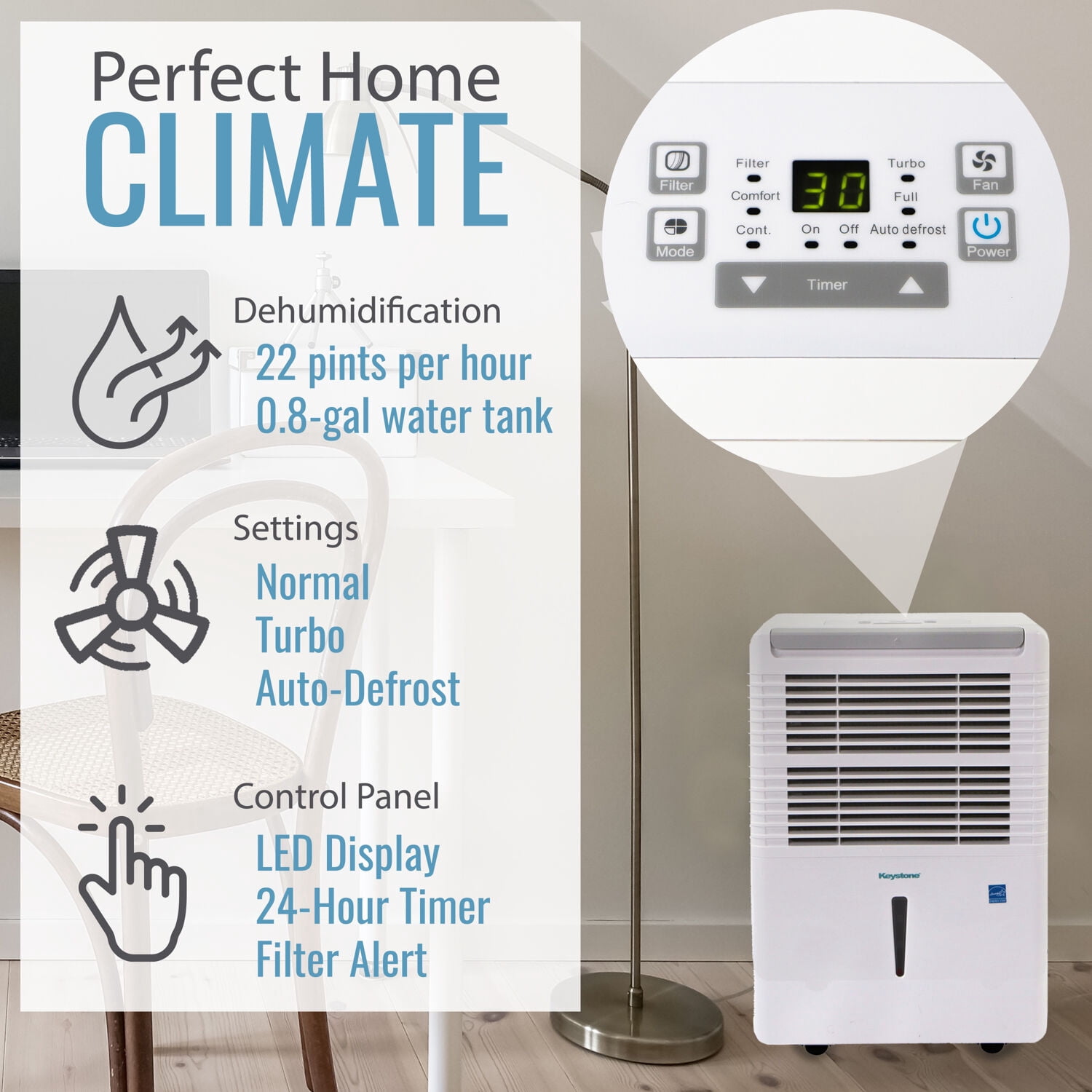 Keystone 22 Pt 1,500 Sq ft Dehumidifier in White, Energy Efficient, Bucket Full Indicator, KSTAD224D