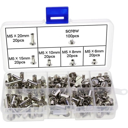 

100 Pack Binding Screws and Riveted Nails 5 Sizes Metal Round