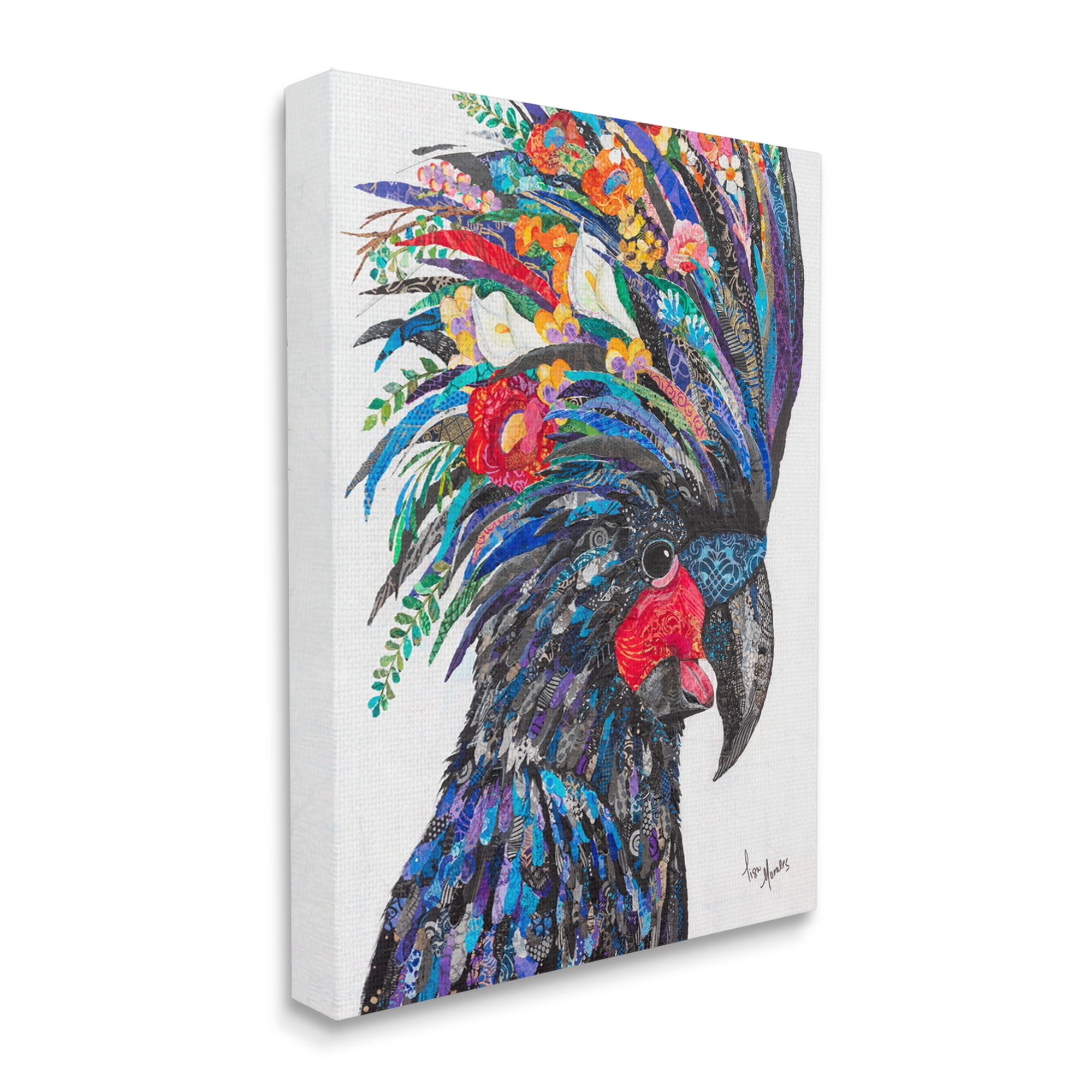 Stupell Industries Black Palm Cockatoo Bird Floral Pattern Collage Painting Gallery Wrapped Canvas Print Wall Art, Design by Lisa Morales