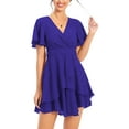 thumbnail image 6 of Aiyino Women's Dress Deep V-Neck Short Sleeve Waist Tie Ruffle Mini Swing Skater Dresses,Royal Blue, 6 of 9