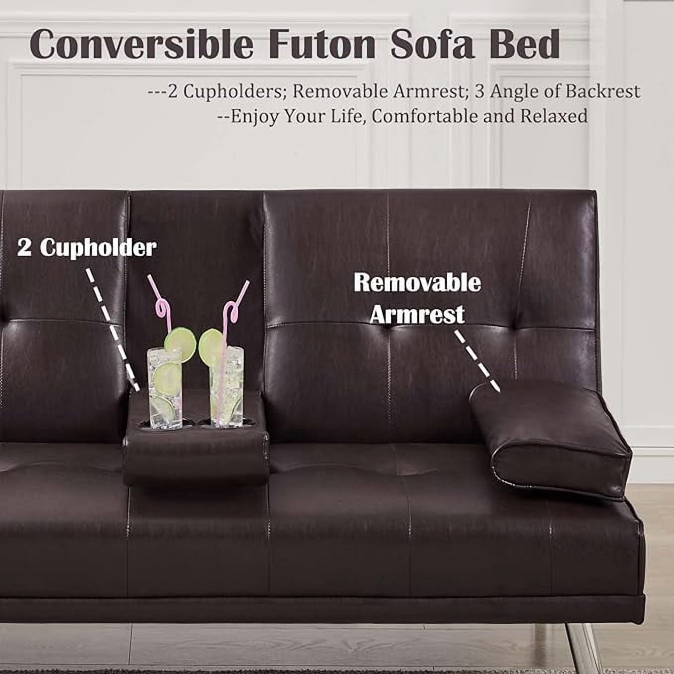 Futon Sofa Bed, Modern Faux Leather Sofa Couch with Convertible Backrest,Sleeper Sofa Couch Filled with Memory Foam for Living Room,Apartment,Bedroom
