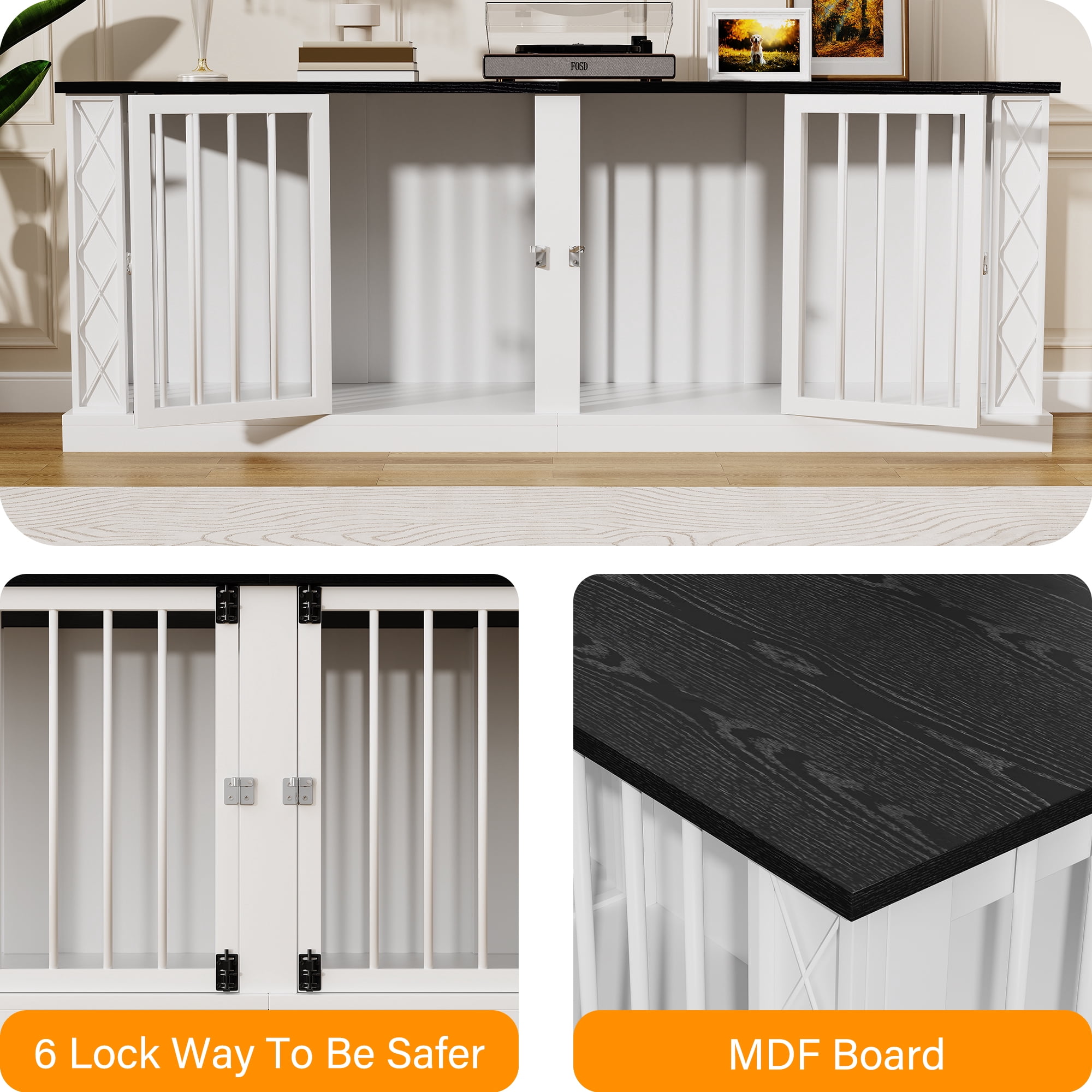 ModFurne 86.6" Dog Crate Furniture for Double Dogs, Heavy Duty Dog Cage Indoor for Small/Medium/Large Dogs, Dog Kennel Furniture White