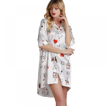 

BRAND FACTORY PRICE! Satin Sleepdress Button down Cartoon Print Pajama Shirt Boyfriend Nightshirt 3/4 Sleeve Women s Nightgown