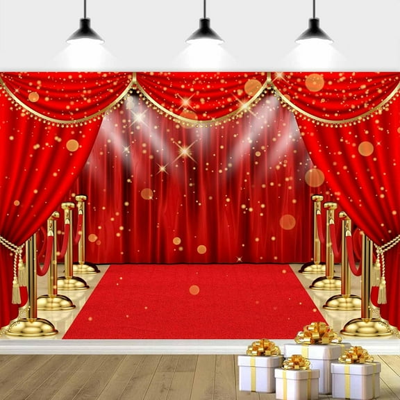 8 x 6 ft Red Carpet Backdrop, Glitter Stage Photography Backdrop Retro Glitter Red Gold Photo Background Movie Party Wedding Party Decoration Banner Photo Booth Props