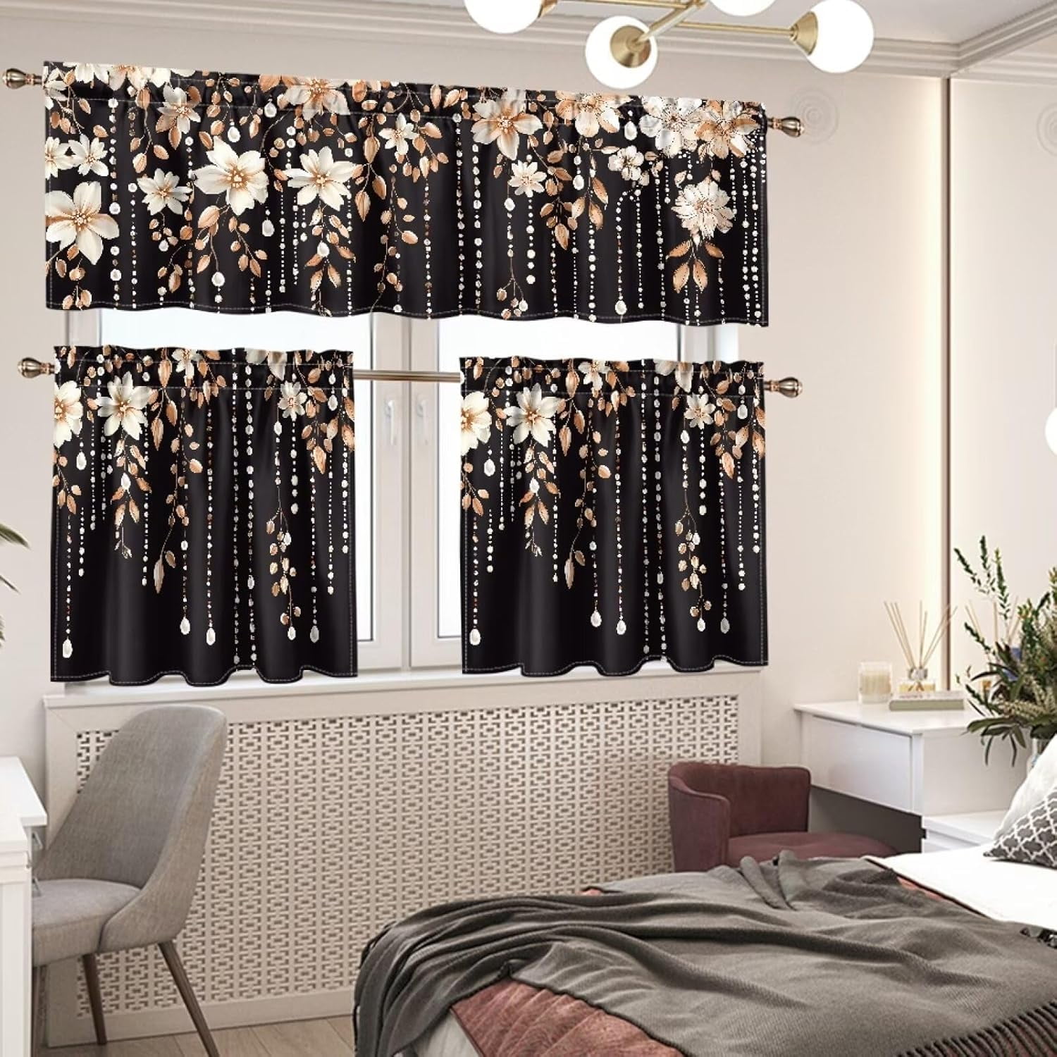 White Flower Beads Kitchen Curtain Valance and Tiers Set Kitchen Curtain Panels Kitchen Window Coverings Rod Pocket Window Tier Curtains Valance Set 3 Pcs Curtains Home Decor