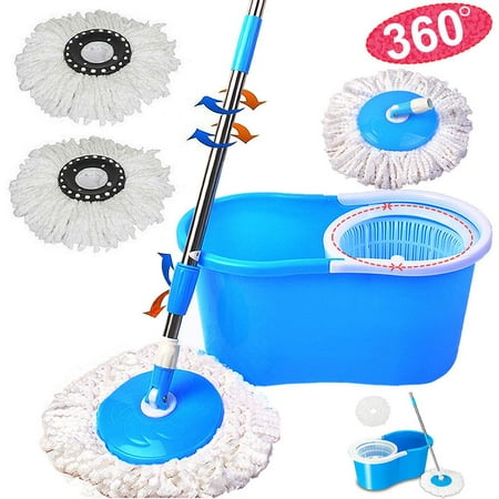 Ktaxon Microfiber Rotate Mop with Bucket 2 Heads Rotating 360Â° Easy Cleaning Floor Mop Blue