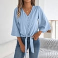 thumbnail image 3 of VEKDONE Women's V Neck Tie Front Blouse 3/4 Flare Sleeve Button Down Shirt Casual Loose Fit Lightweight Tunic Tops for Daily Wear Blue S, 3 of 7