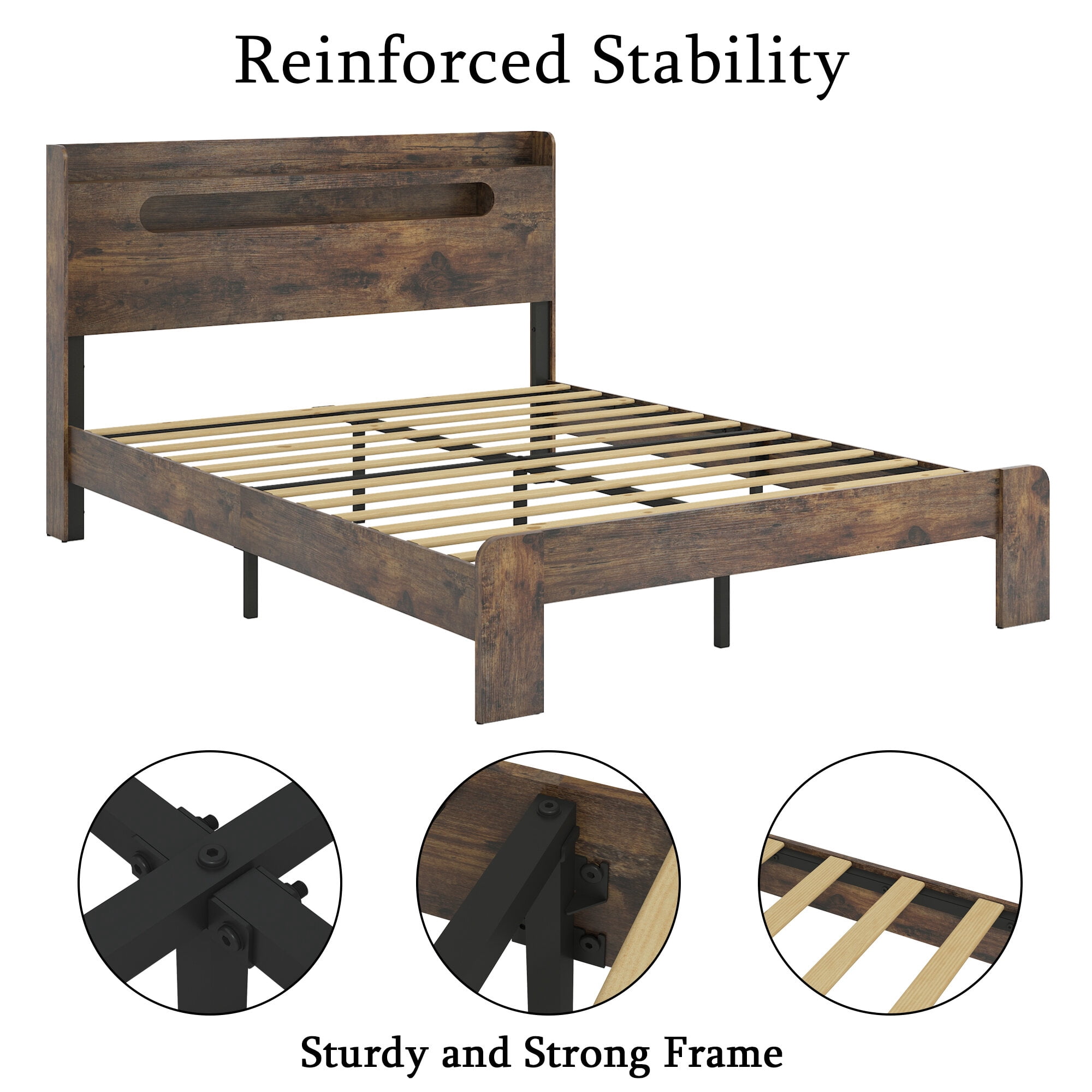 Bed Frames Bed Frame King Size, Wood Platform Bed Frame with Storage LED Light Headboard and 2 USB , Noise Free,No Box Spring Needed and Easy Assembly Tool,Large Under Bed Storage,Dark Brown,Adjustab