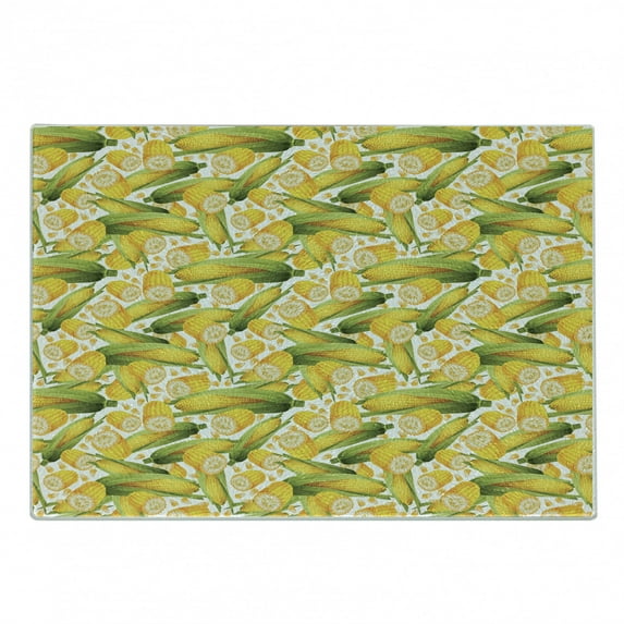 Corn Cutting Board, Vegetable Organic Food Realistic Illustration Yellow Corn Stalks Agriculture, Decorative Tempered Glass Cutting and Serving Board, Small Size, Yellow Green White, by Ambesonne