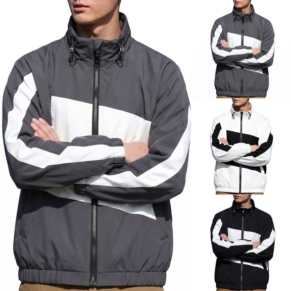 Men Color Block Zip Up Track Jacket, Adjustable Stand Collar Windbreaker with Elastic Rib Cuffs Hem, Retro Striped Casual Athletic Coat White XL(XL)