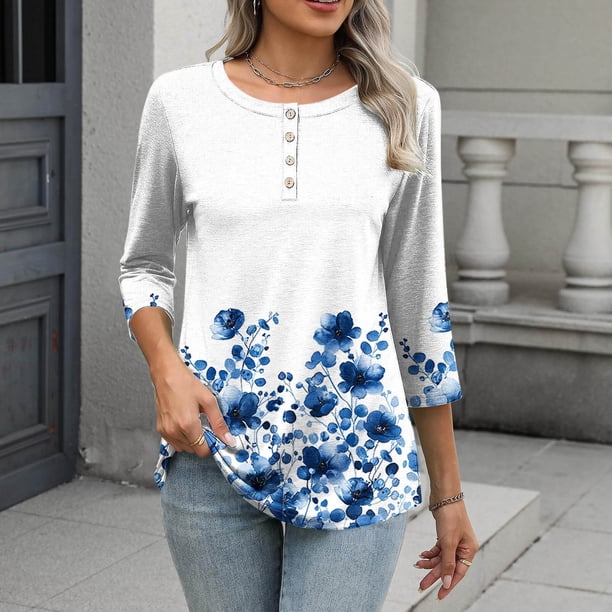 TaTaai Loose Printed T-Shirt Lightweight Comfortable Women's Fashion Casual Button Round Neck 3/4 Sleeve All Season Daily Versatile Blouse Gift