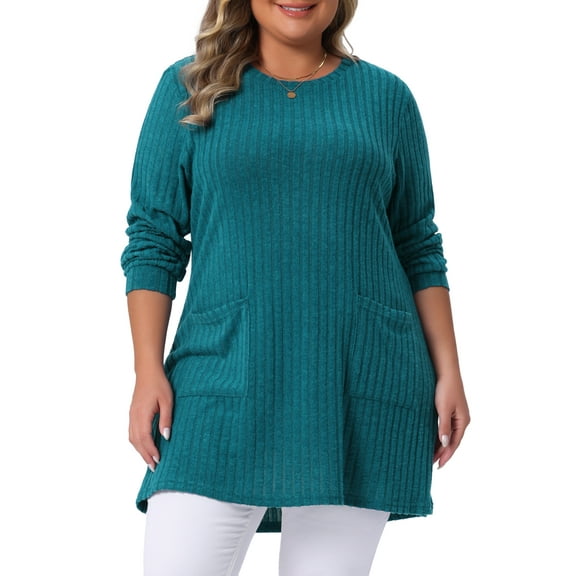Plus Size Sweaters for Women Round Neck Long Sleeve Ribbed Knit Loose Pocket Pullover Top 1X Lake Blue