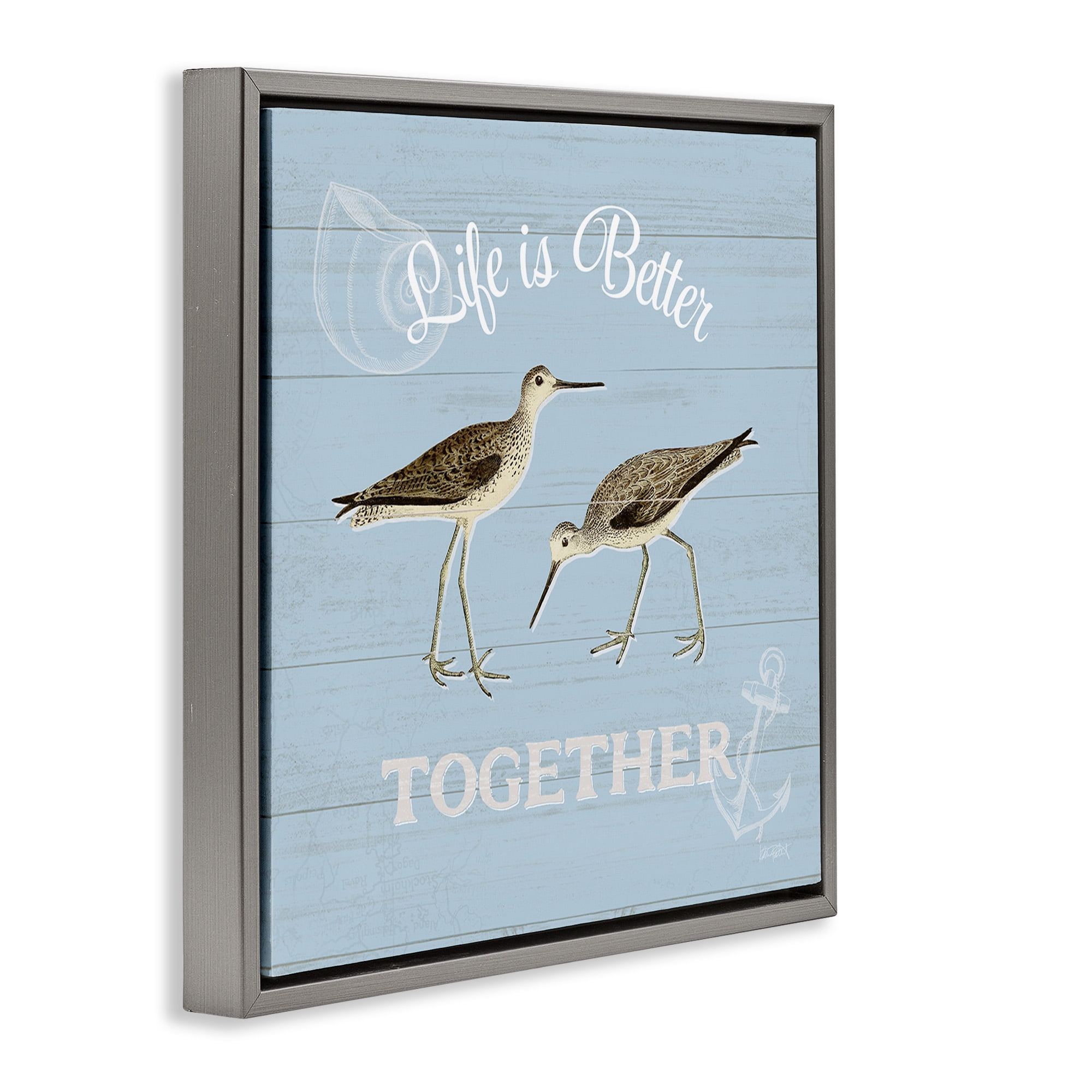 Stupell Industries Better Together Coastal Sandpipers Animals & Insects Painting Gray Floater Framed Canvas Art Print Wall Art, 18 x 18