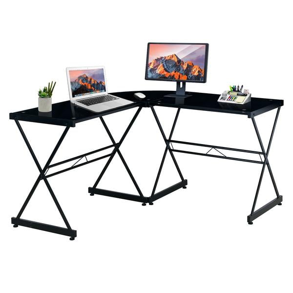 Techni Mobili L Shaped Glass Desk With Chrome Frame In Black Desks