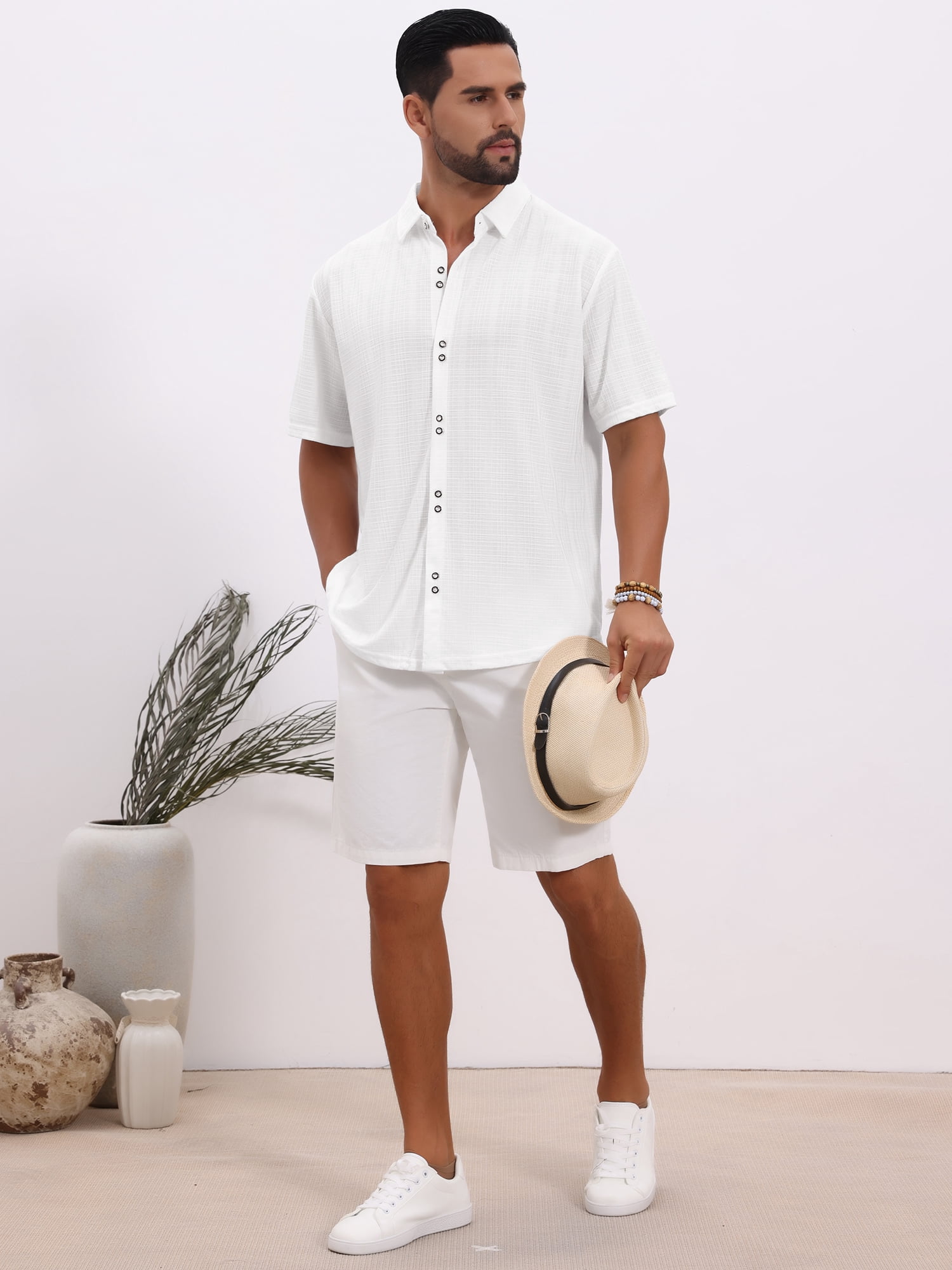 DARING DIVA Men's Texture Short Sleeve Button Down Casual Knitted Shirt M White