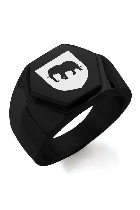 Stainless Steel Elephant Strength Coat of Arms Shield Engraved Hexagon Crest Flat Top Biker Style Polished Ring