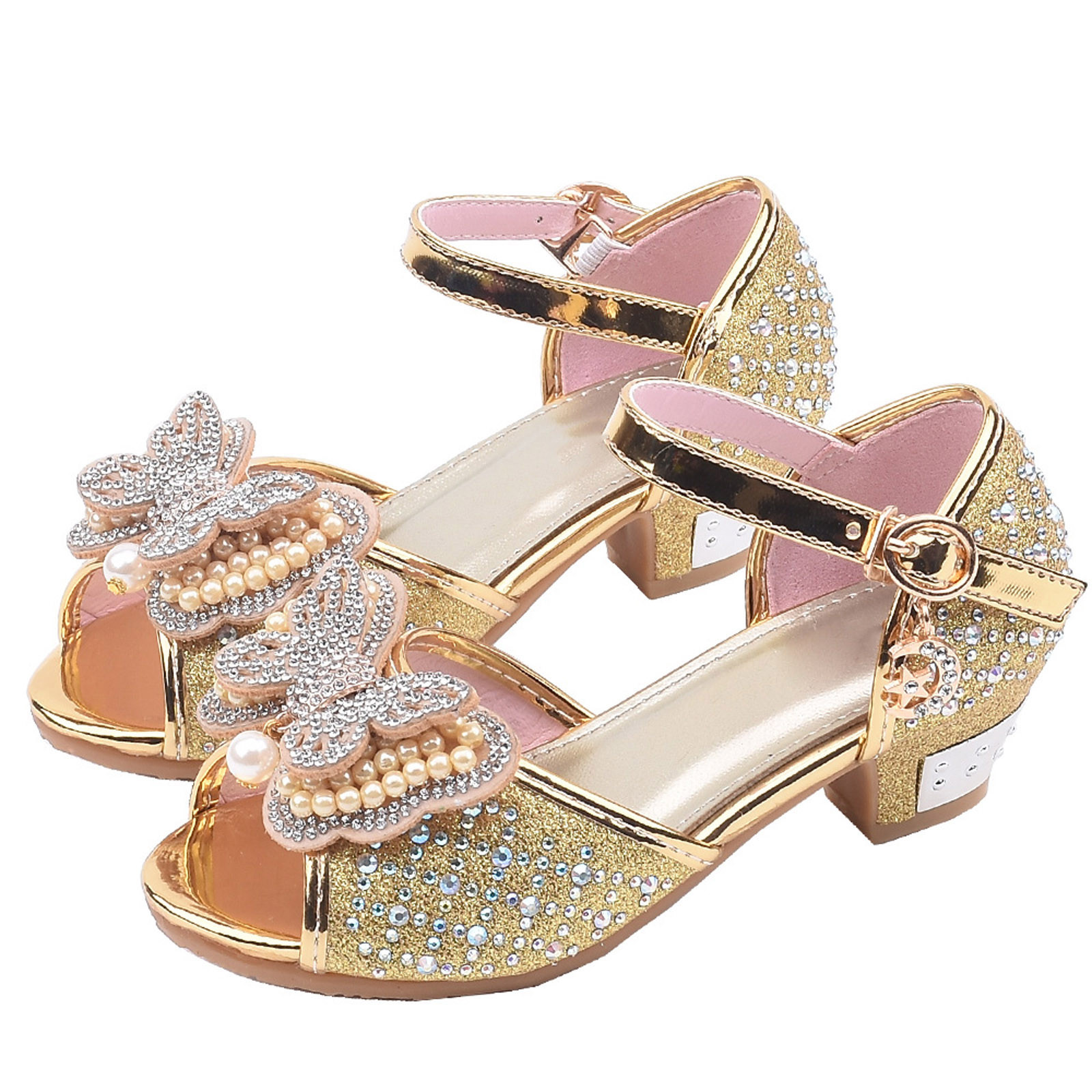 Penkiiy Children's Shoes Girls Fish Mouth Butterfly Pearl Rhinestone Crystal Princess Shoes Dance Shoes Toddler Sandals Wonder 5.5-6 Years Gold On Clearance - image 4 of 7