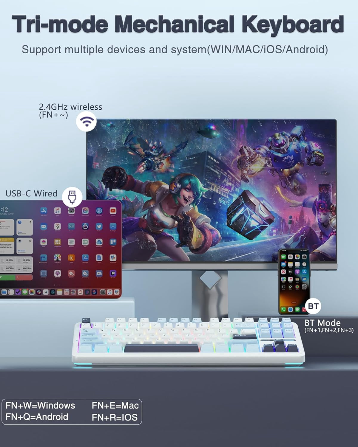 Restored AULA F87 Wireless Mechanical Keyboard, 75% TKL Custom Hot Swappable Gaming Keyboards with PBT Keycaps, Pre-lubed Greywood Switches, RGB Backlit Creamy Keyboard, 2.4GHz/USB-C/BT5.0 (Refurbished)